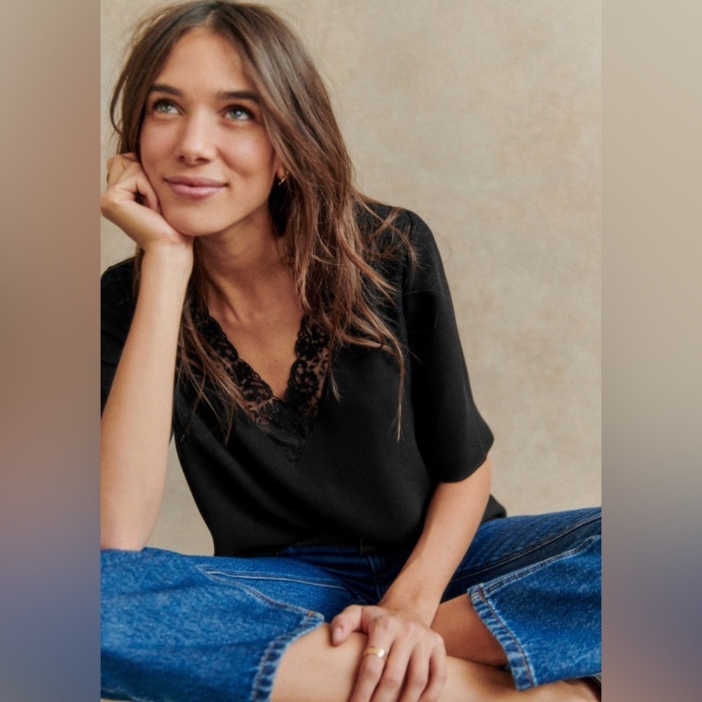 Sezane Black Lace-Trim V-Neck Top - Picture 2 of 7